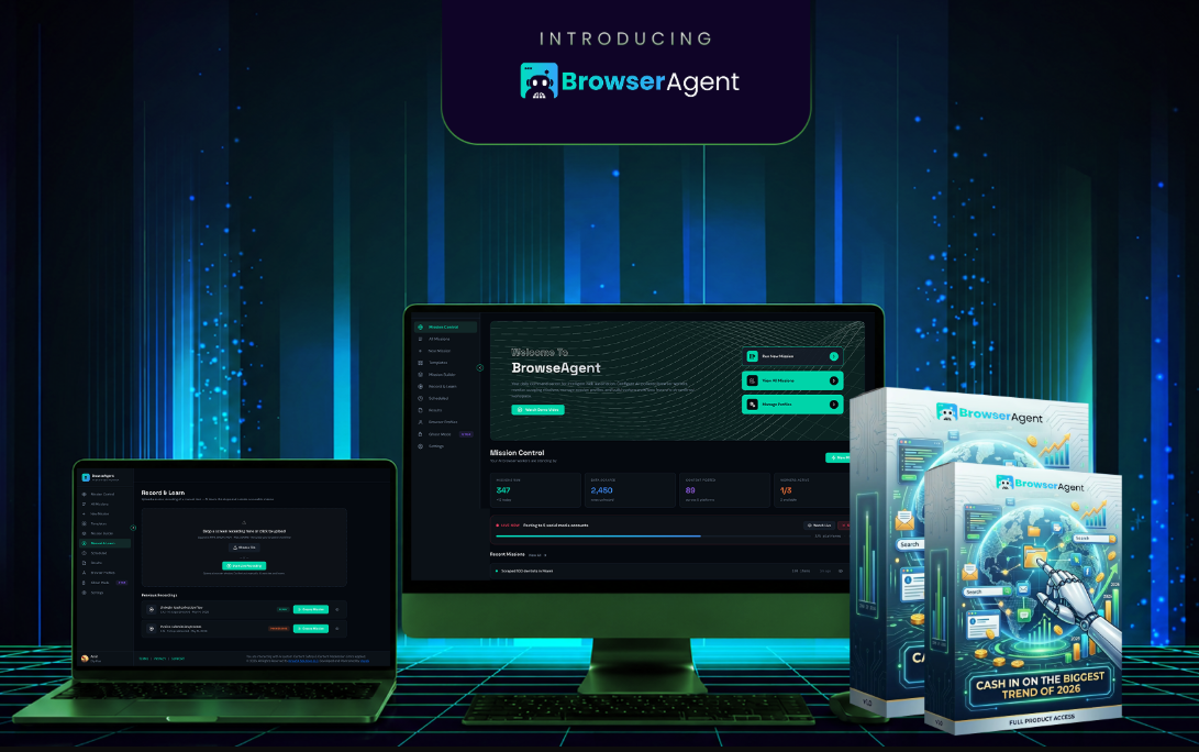 BrowserAgent by Abhi Dwivedi shown on desktop, laptop and product box